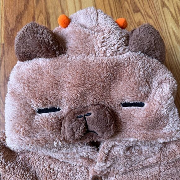 NWOT Cozy Brown Bear Hoodie Robe with Orange Accents - Picture 8 of 12